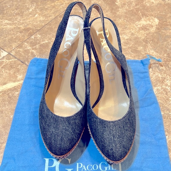 Paco Gil-Denim Platform Sling Back High Heel Pumps+Dust Bag-Sz 39 - Picture 2 of 7